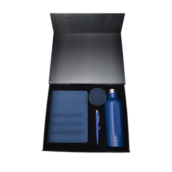 Gift Set containing A5 notebook, metal pen, recycled multicable set, double walled water bottle.