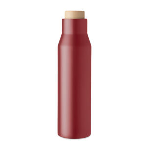 Maroon water bottle with wooden lid, standing pistion upright