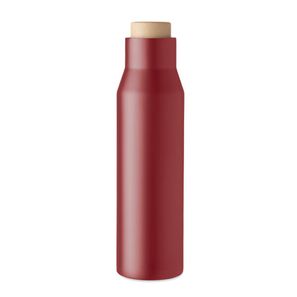 Maroon water bottle with wooden lid, standing pistion upright